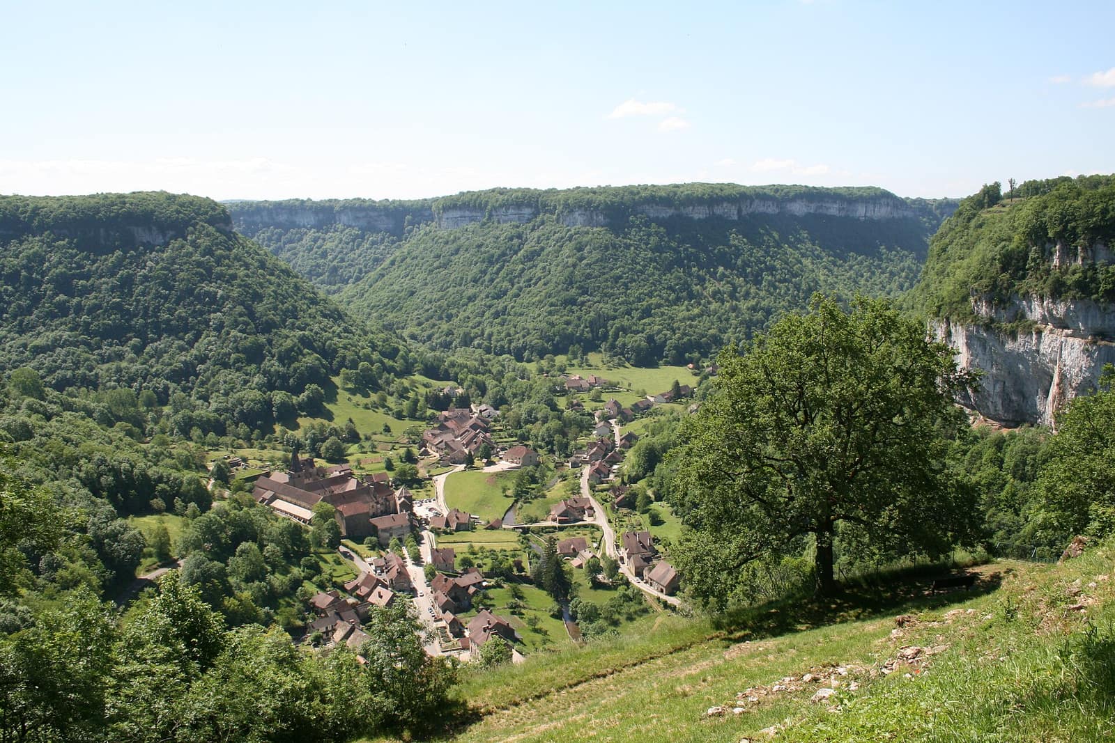Le village de Baume-les-Messieurs et son ancienne abbaye, au fond de la reculée